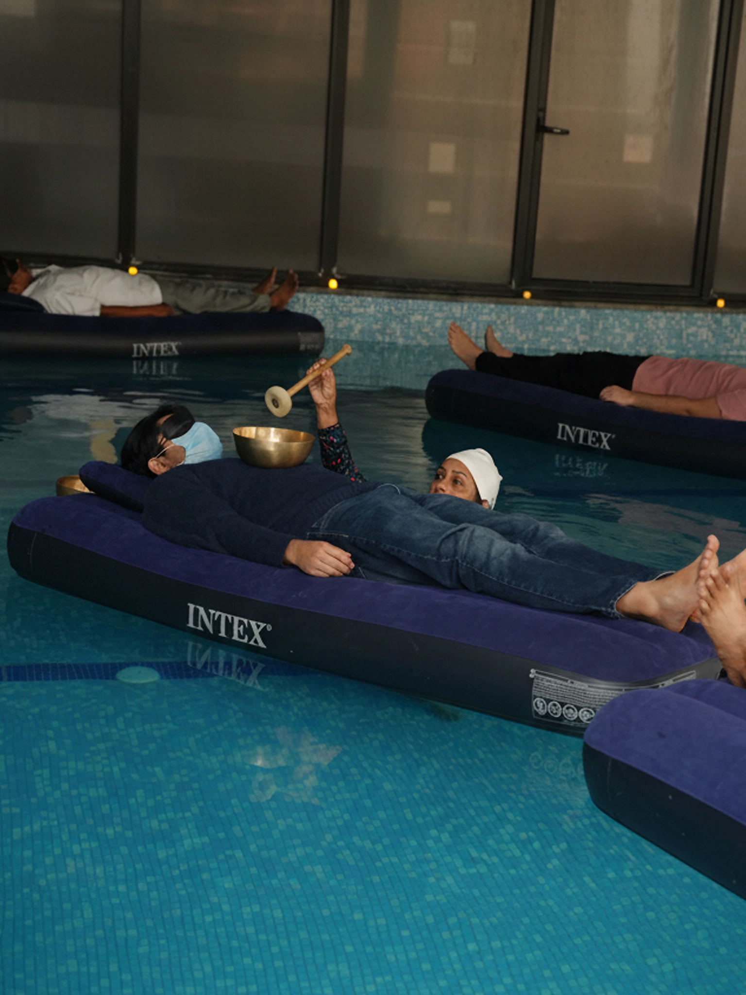 Aqua sound bath therapy session promoting deep relaxation, stress relief, and inner balance healing