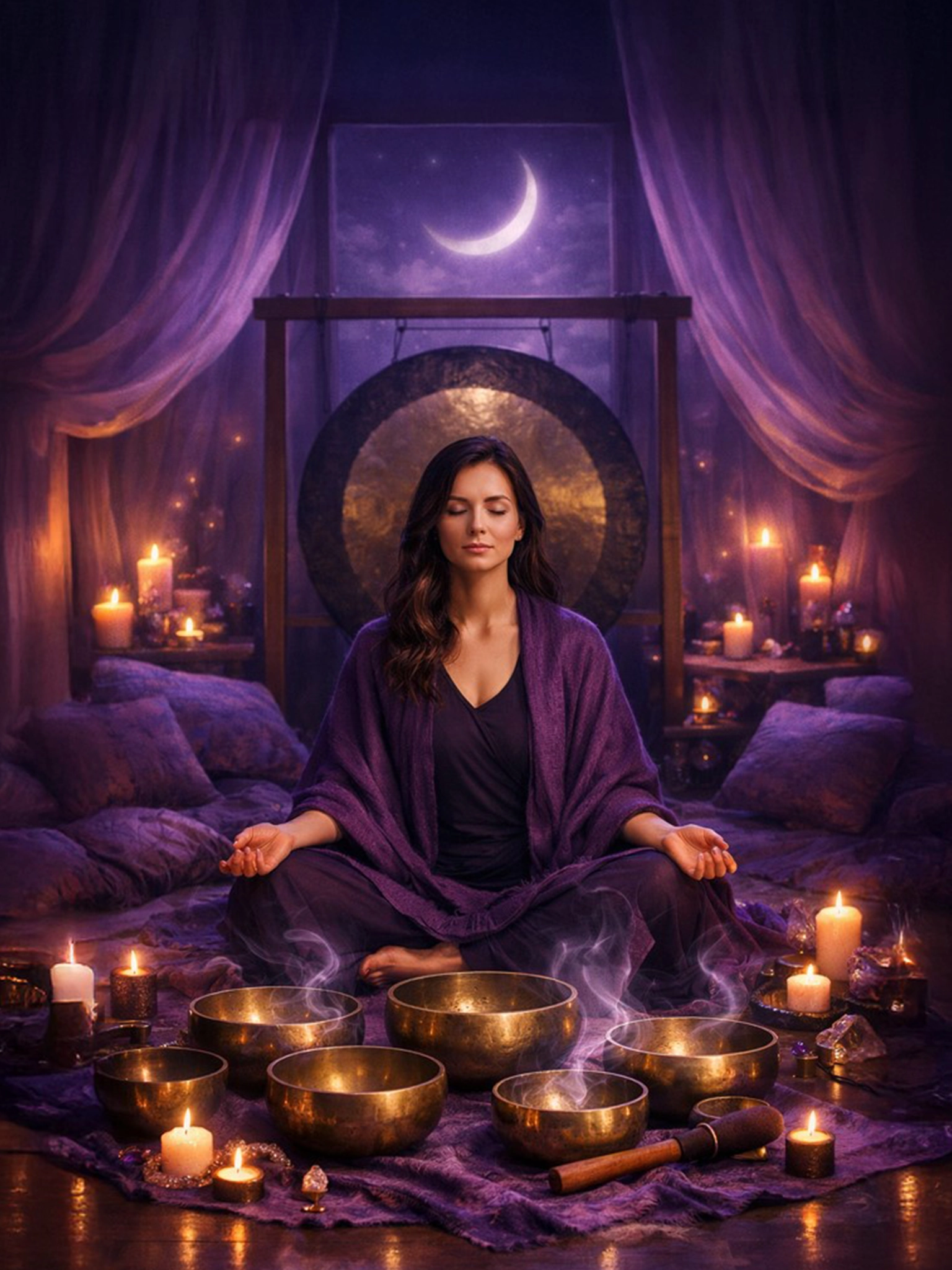 New moon gong meditation session using sound vibrations to promote relaxation, healing, and inner balance