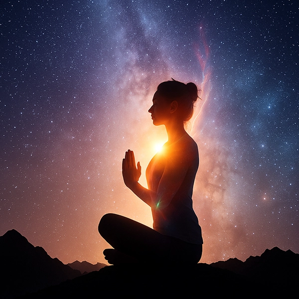 A woman participating in a peaceful New Moon sound healing meditation session for new beginnings.