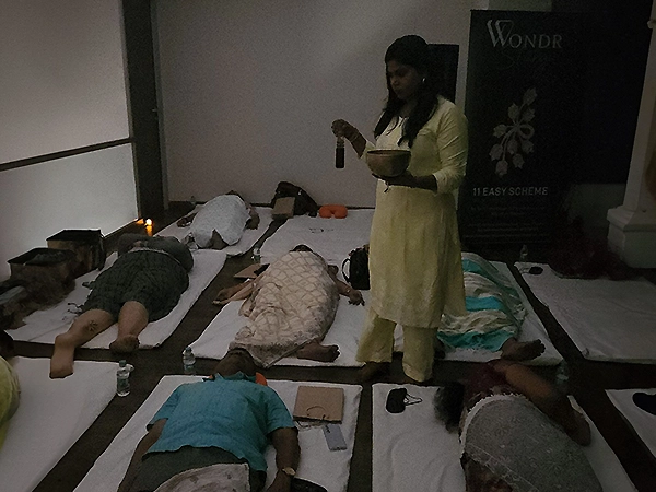 Healing vibrations and sound therapy sessions for spiritual wellness in a Chennai studio setting.