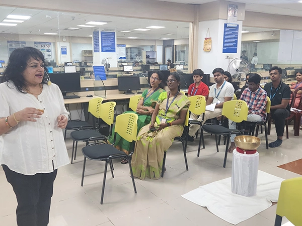 A structured group yoga session arranged on campus as part of a wellness and lifestyle event at SRM.