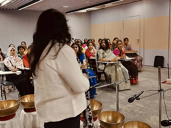 Group sound healing treatment brings collective peace using vibrant healing sound energy.