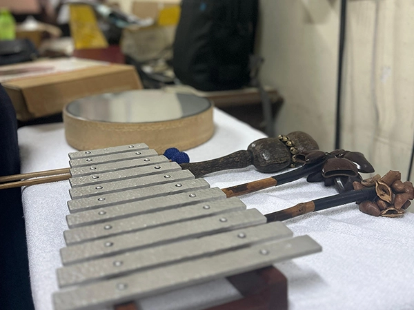 Students observed a demonstration of healing sound instruments & tools at the Madras University