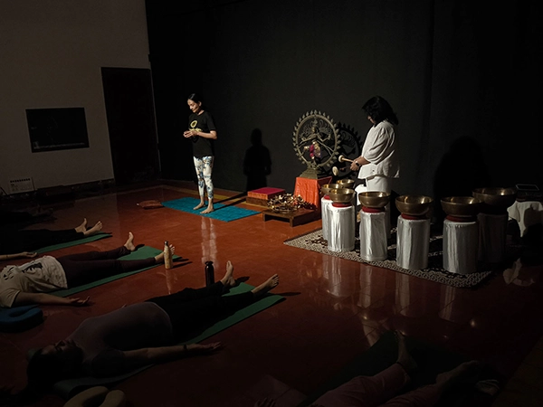 Healing vibrations and sound therapy sessions for spiritual wellness in a Chennai studio setting.